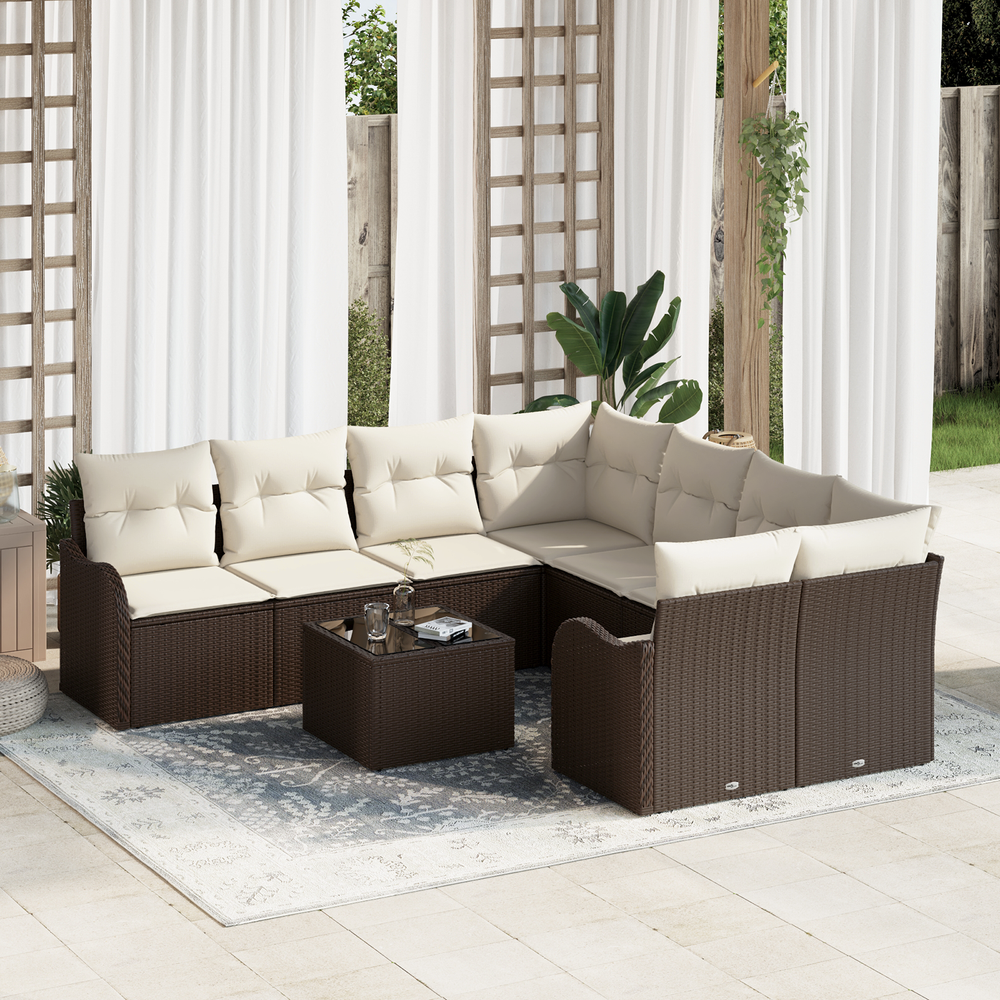 9-piece garden sofa set with cushions, brown poly rattan