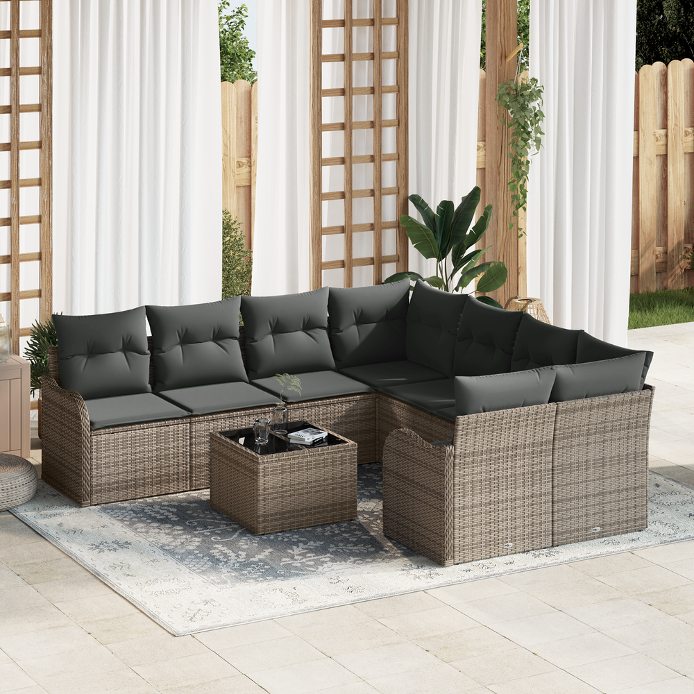 9-piece garden sofa set with cushions, grey poly rattan