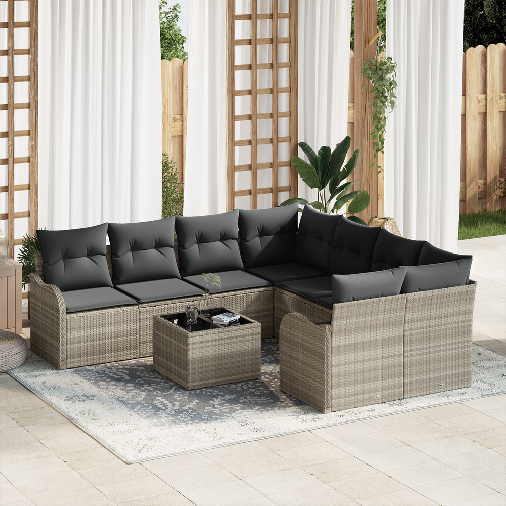 9-piece garden sofa set with cushions, light grey poly rattan