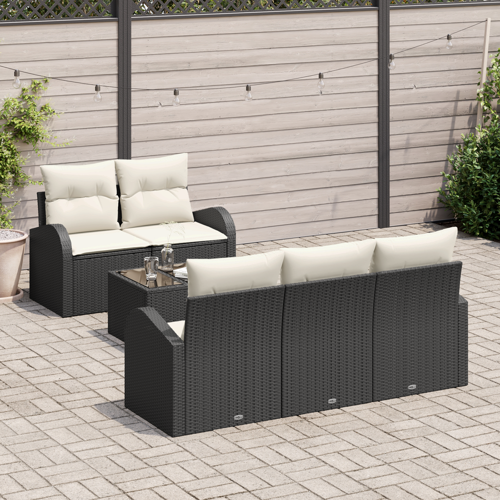 6-piece garden sofa set with cushions, black poly rattan