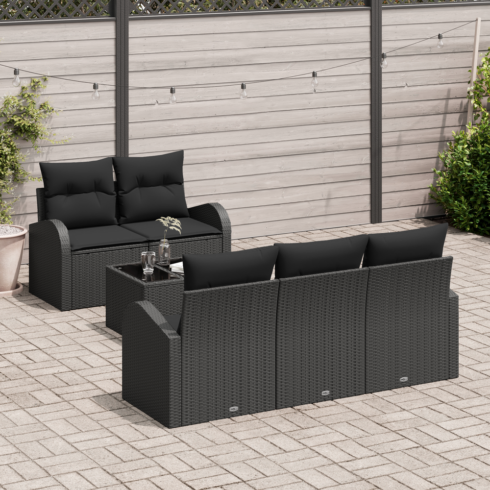 6-piece garden sofa set with cushions, black poly rattan