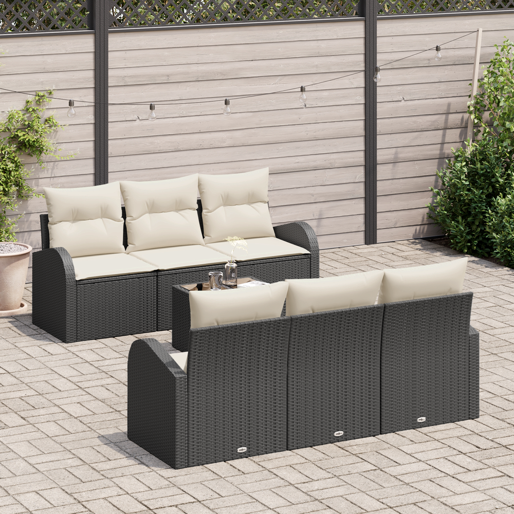 7-piece garden sofa with cushions, black, poly rattan