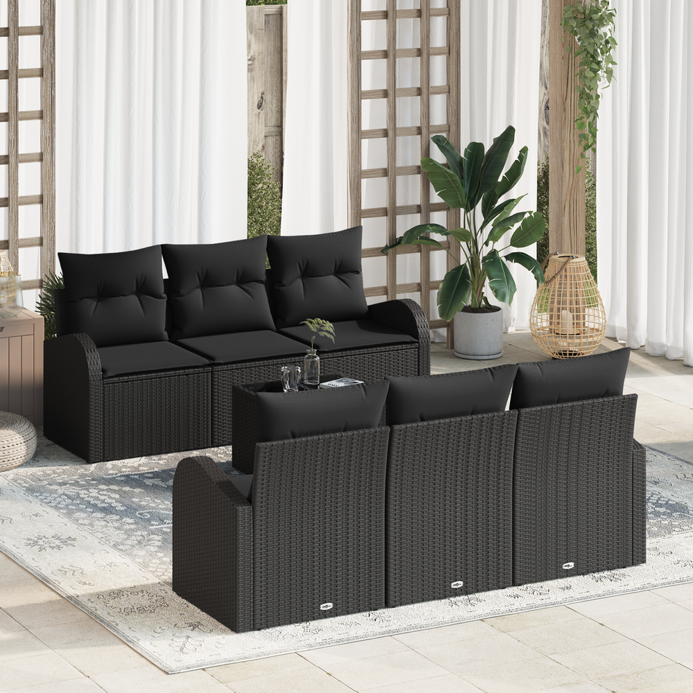7-Piece Sofa Set with Cushions, Black Poly Rattan