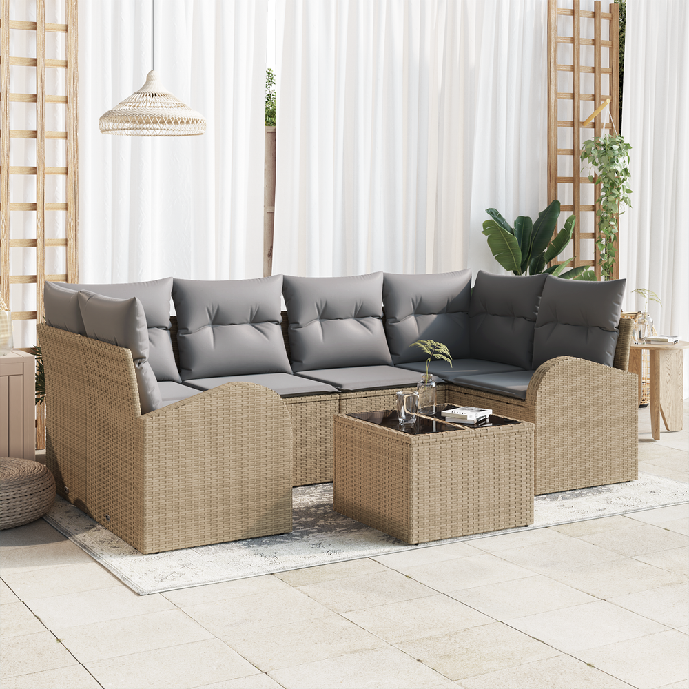7-piece garden sofa set with beige cushions in poly rattan.