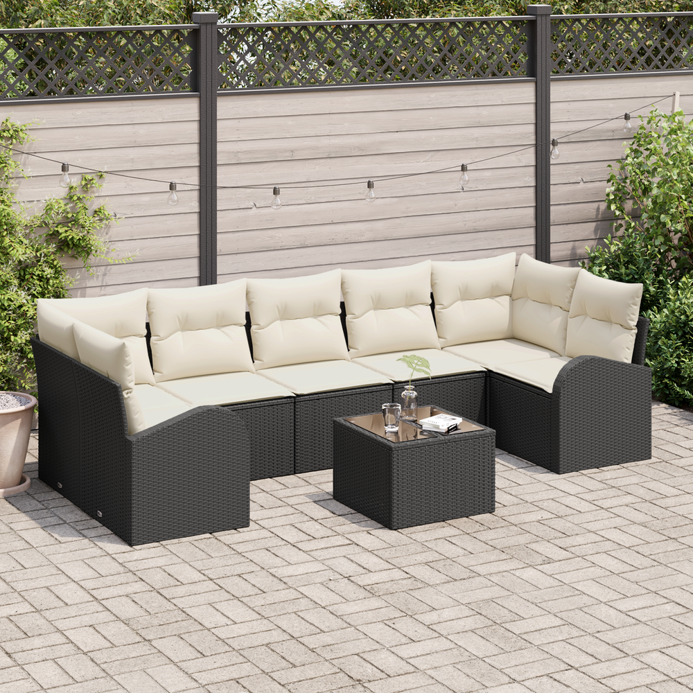 8-piece garden sofa set with cushions in black poly rattan.