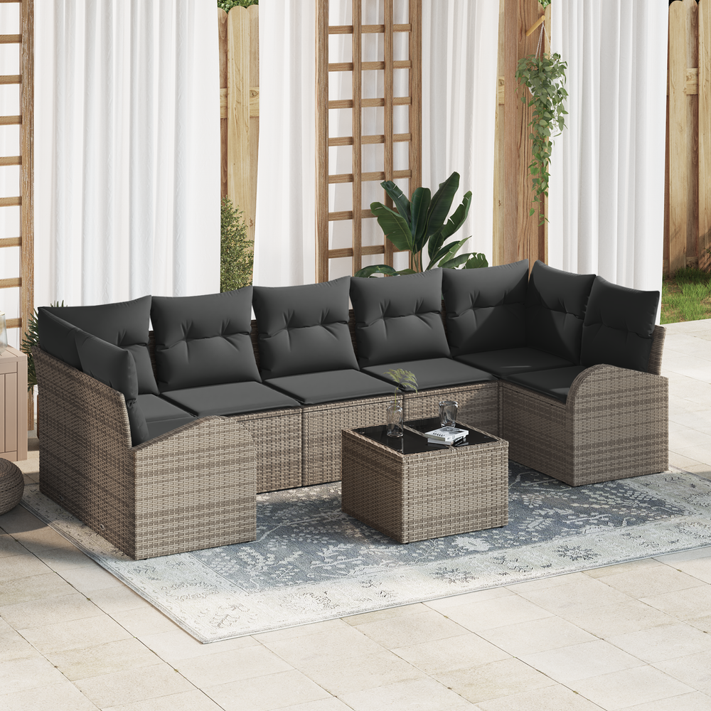 8-piece garden sofa set with grey cushions in poly rattan