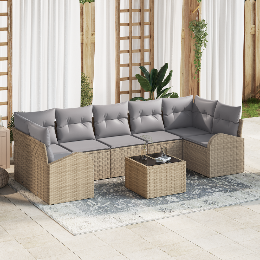 8-Piece Garden Sofa Set with Cushions, Sand-Colored Poly Rattan