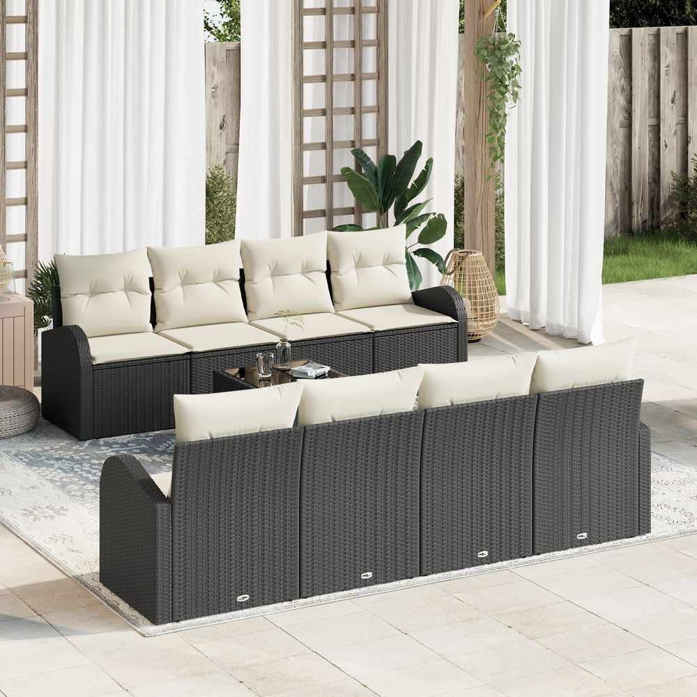 9-piece garden sofa set with cushions, black poly rattan