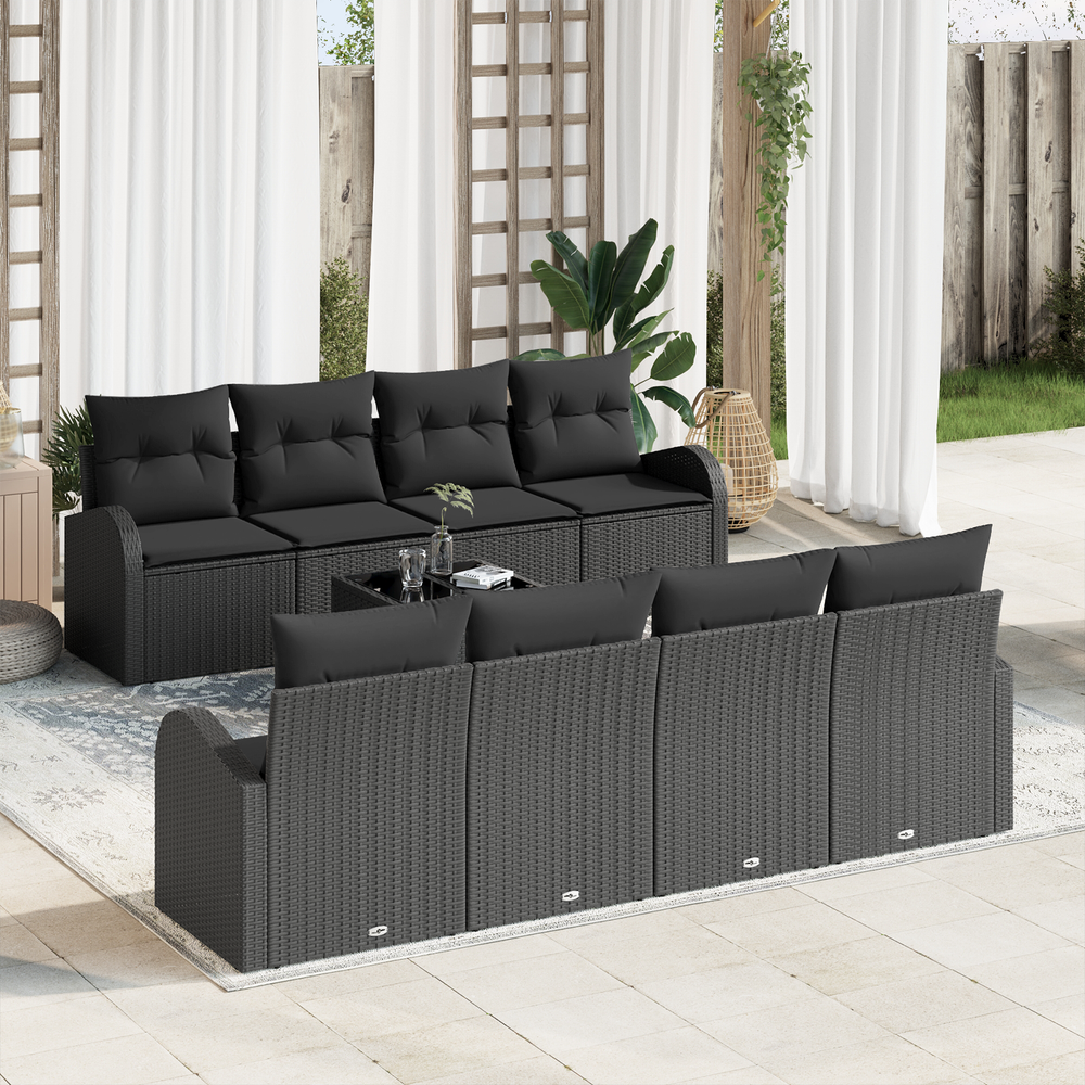 9-piece Garden Sofa Set with Cushions, Black Poly Rattan
