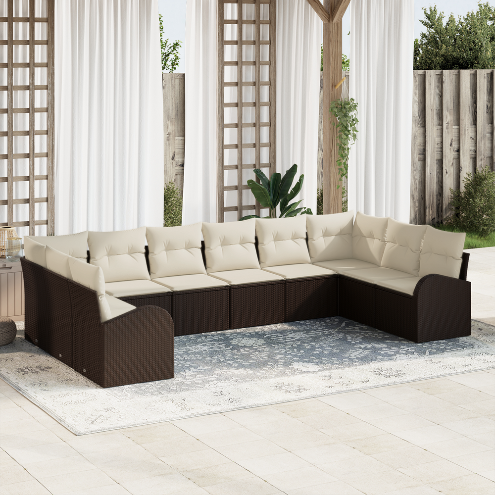 10-piece garden sofa set with cushions, brown, poly rattan