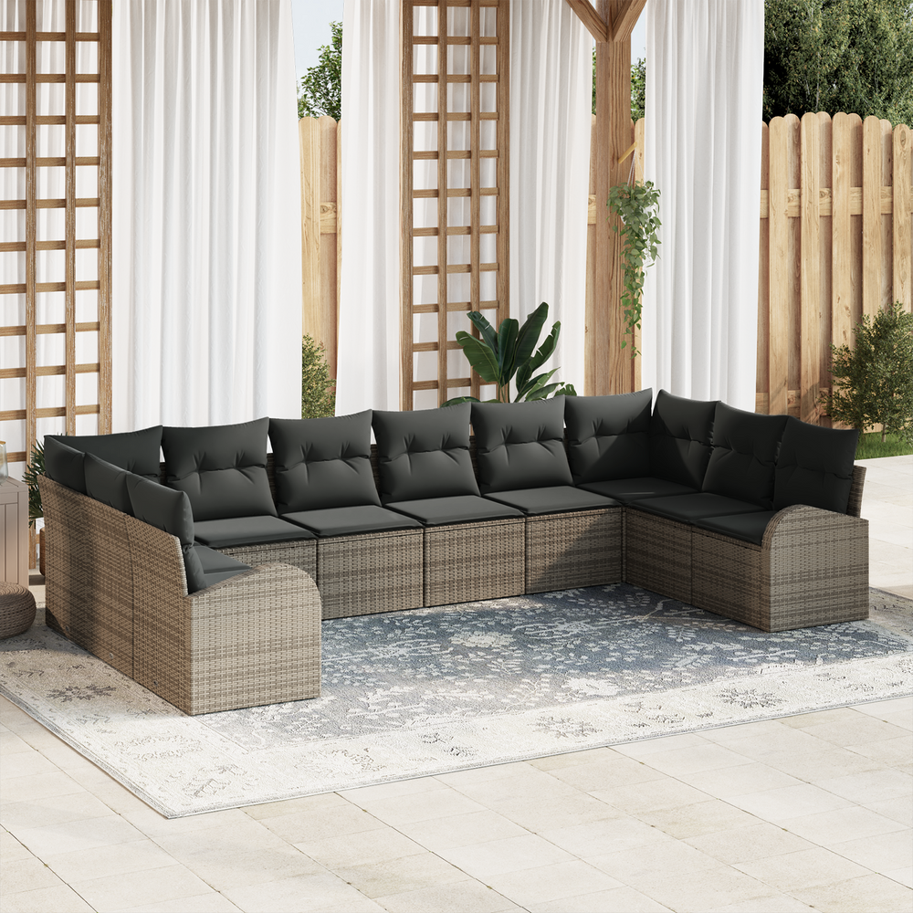 10-piece garden sofa set with cushions, grey, poly rattan