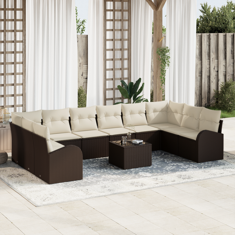 10-piece garden sofa set with grey cushions in poly rattan.