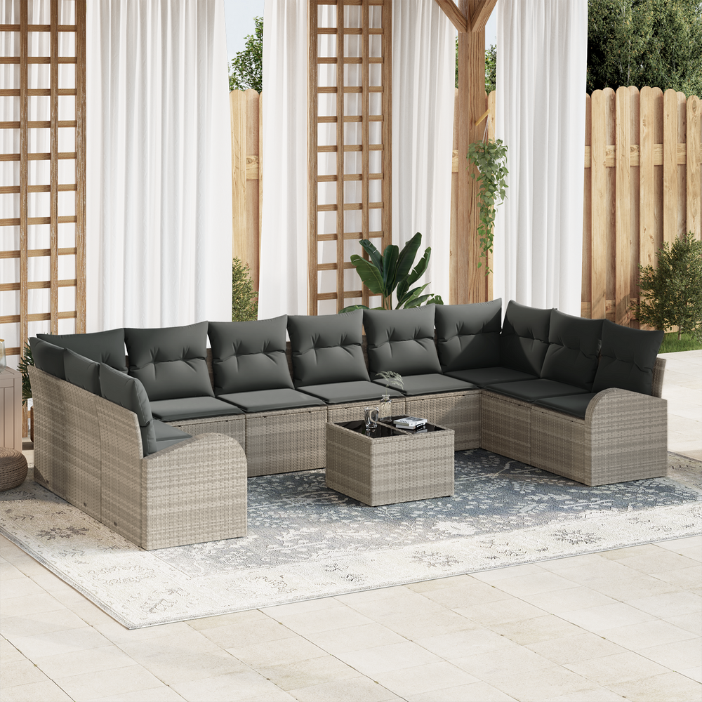 11-piece garden sofa set with cushions, grey, made of poly rattan.