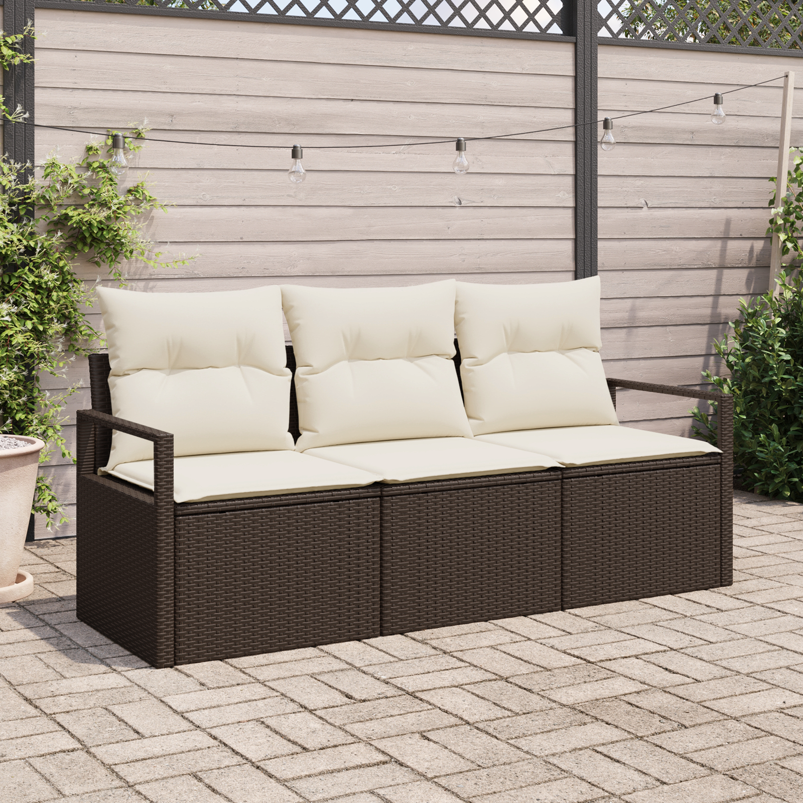 3-piece sofa set with cushions, brown poly rattan.