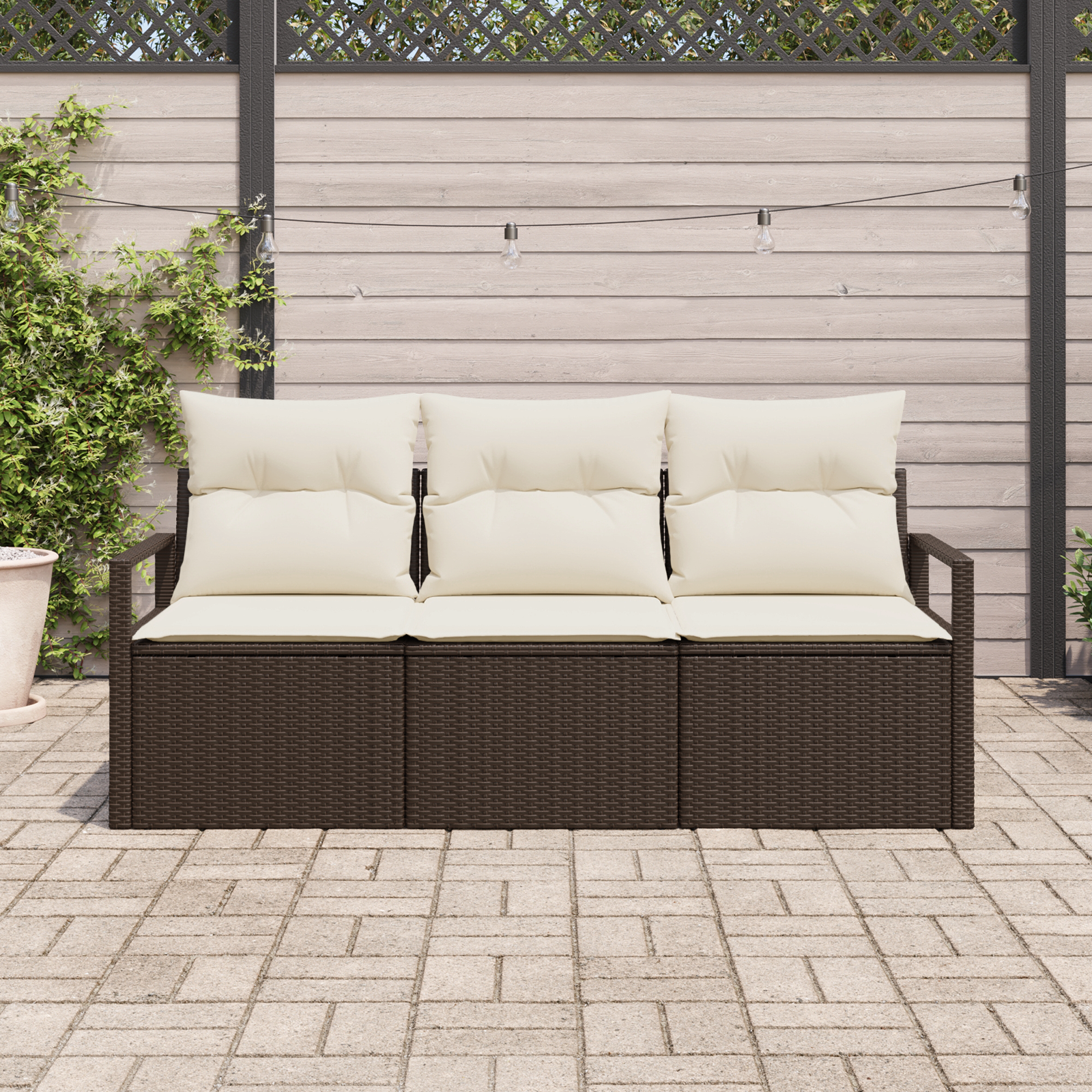 3-piece sofa set with cushions, brown poly rattan.