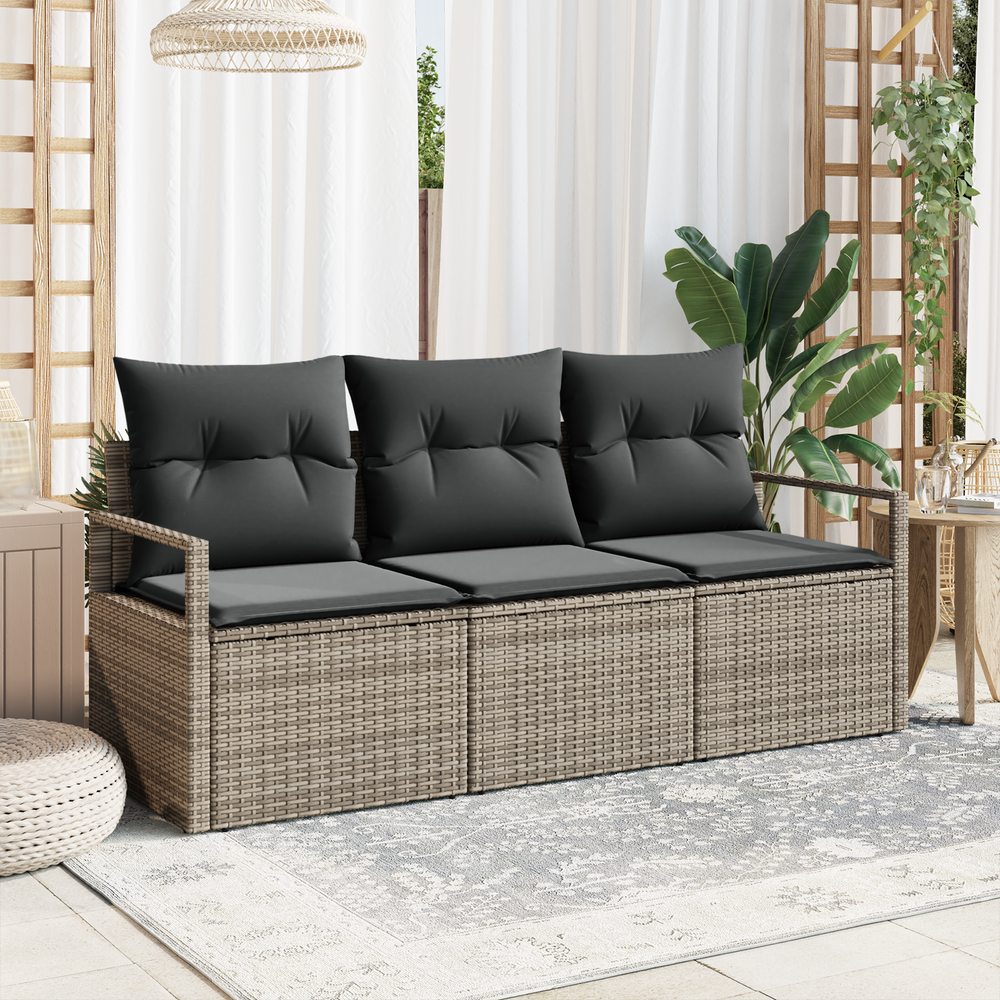 3-piece sofa set with cushions, grey poly rattan