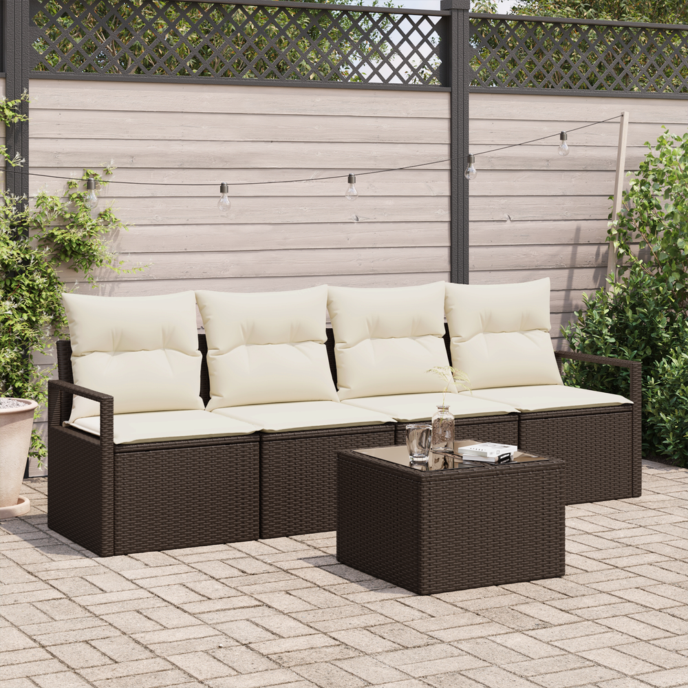 5 Piece Garden Sofa Set with Cushions Brown Poly Rattan