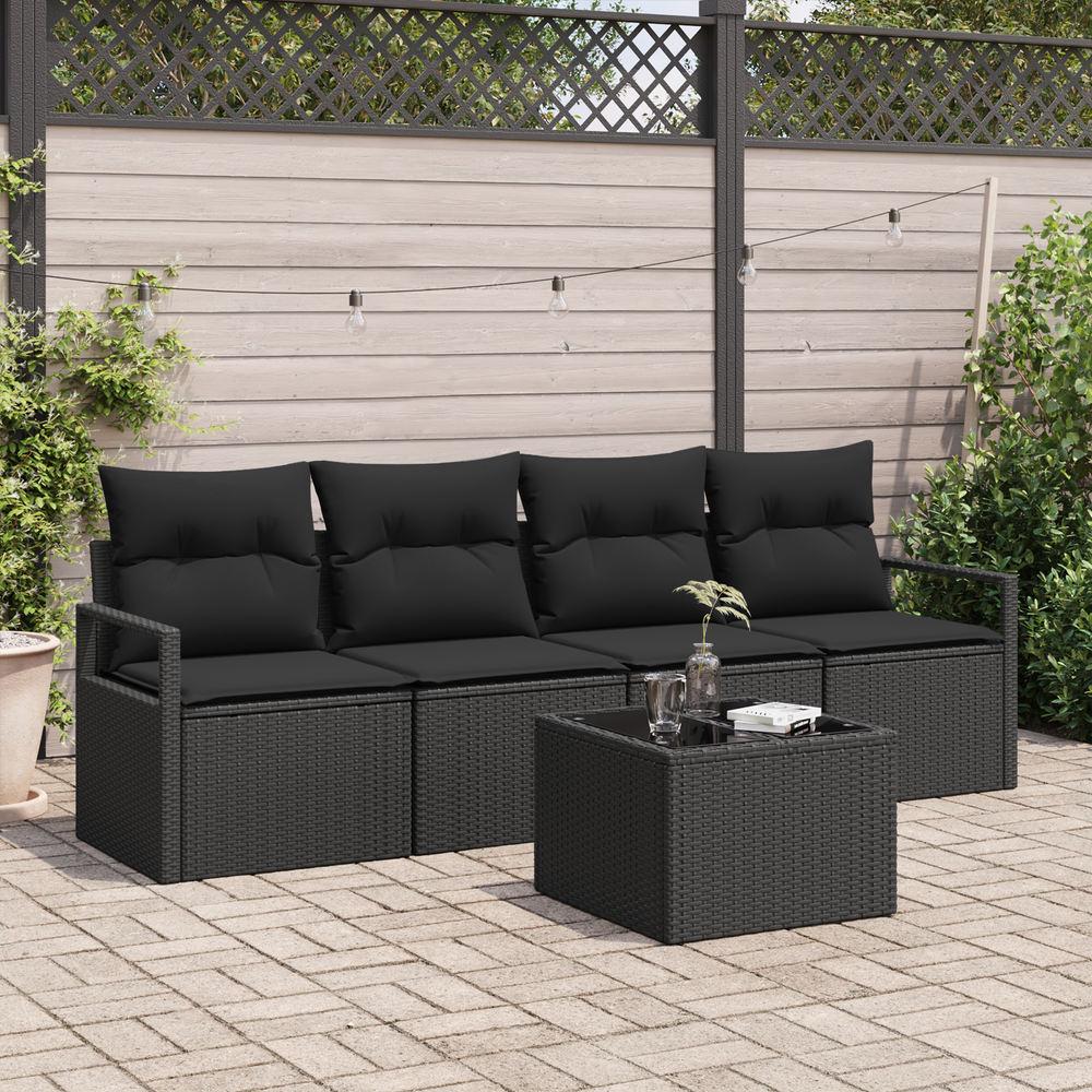 5-piece garden sofa set with cushions, black poly rattan