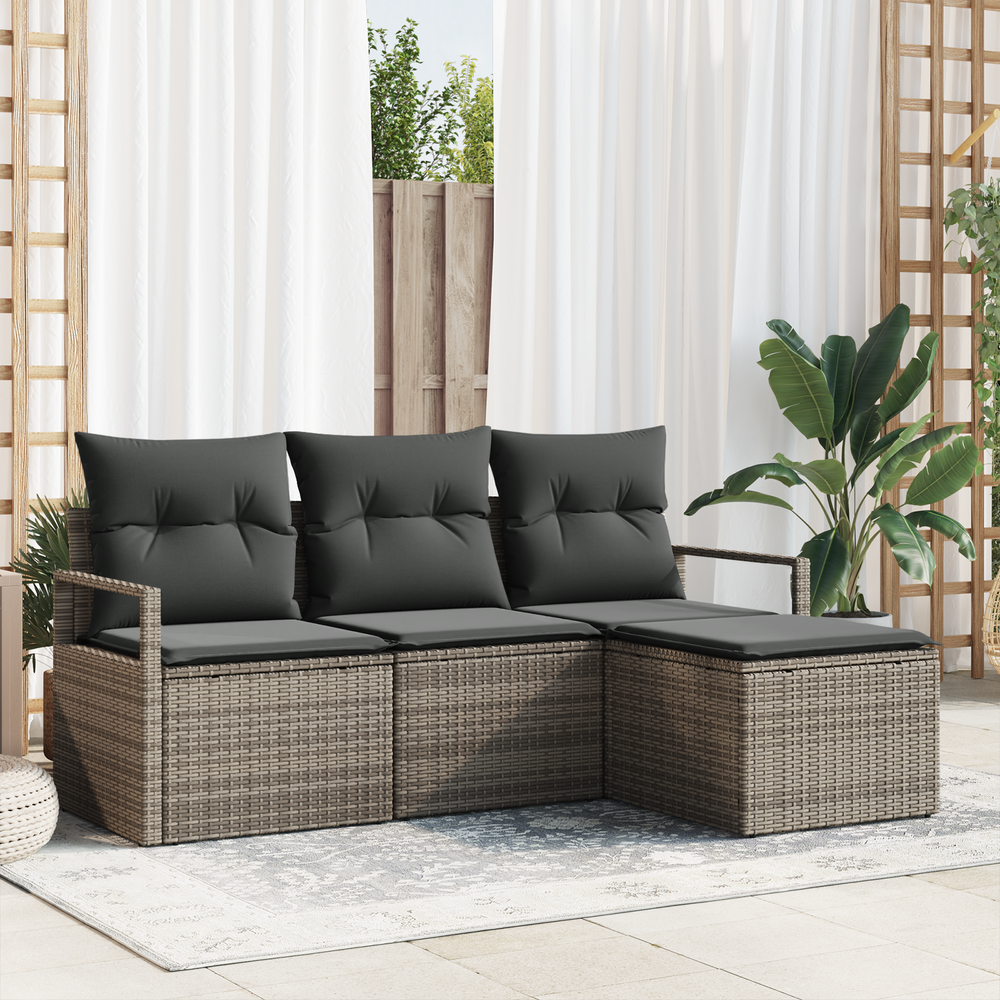 4-piece garden sofa set with cushions, grey poly rattan