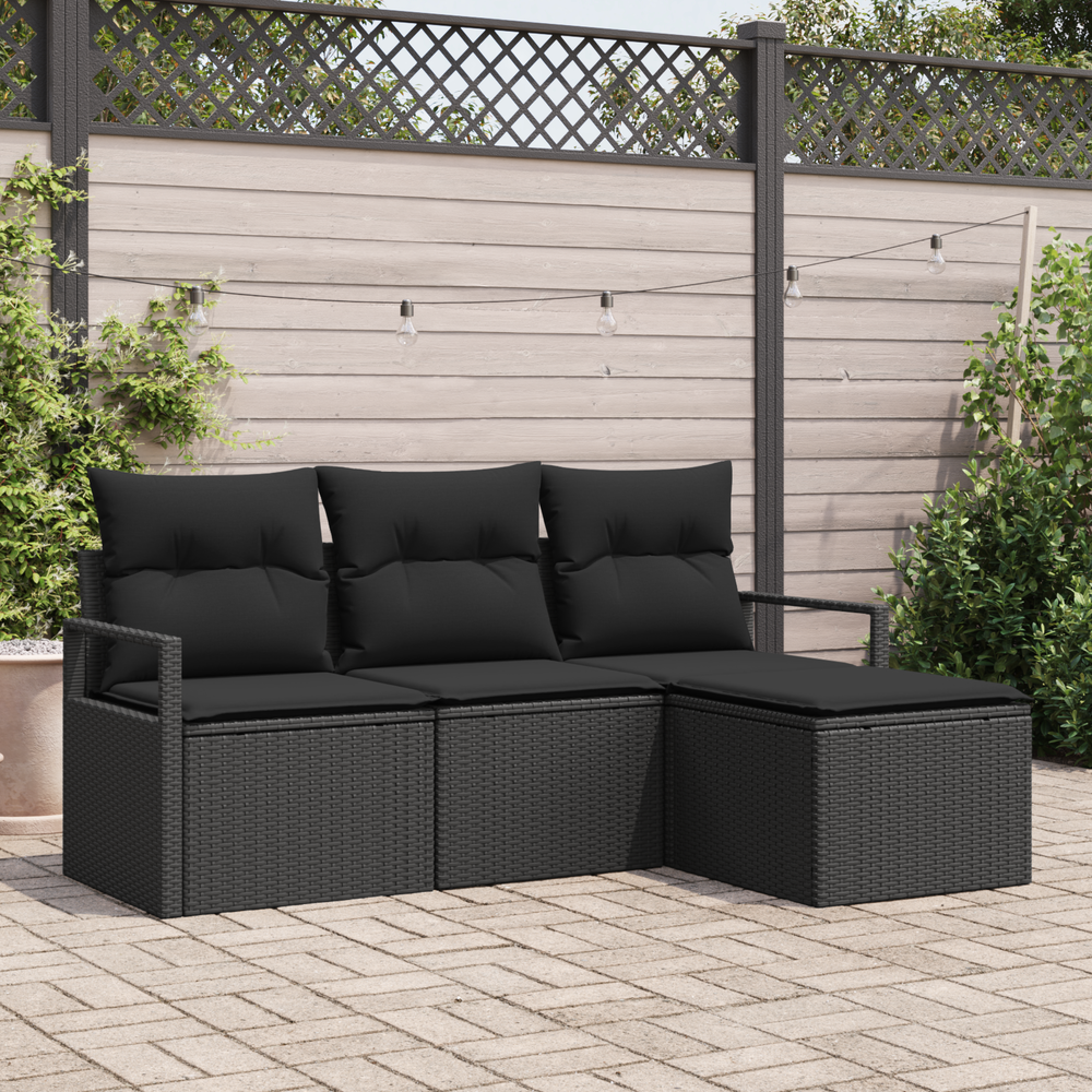 4-piece garden sofa set with cushions, black poly rattan