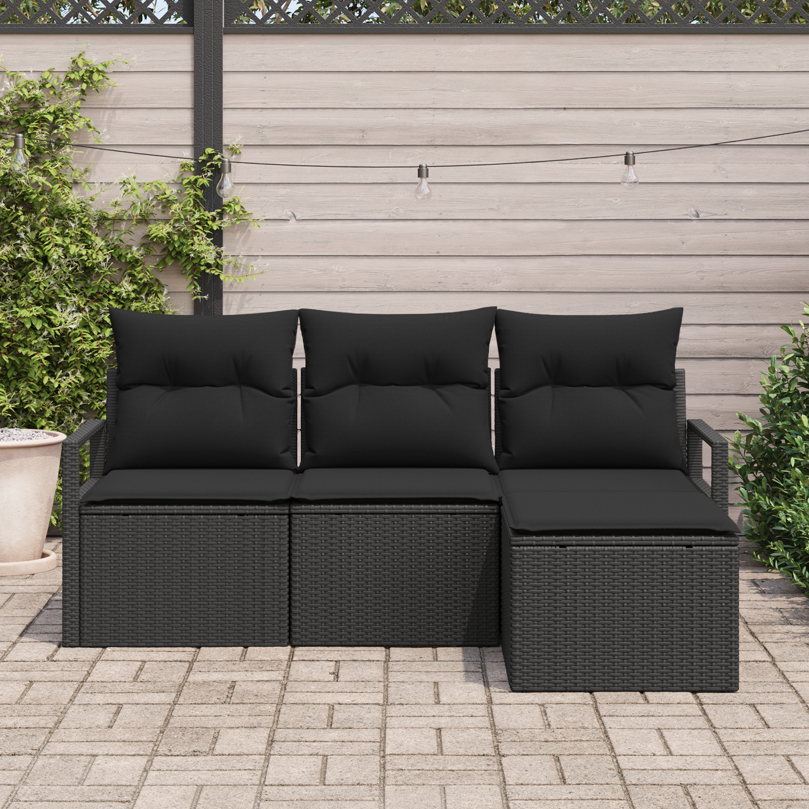 4-piece garden sofa set with cushions, black poly rattan