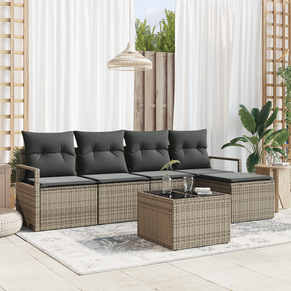 5-piece garden sofa set with cushions, black poly rattan