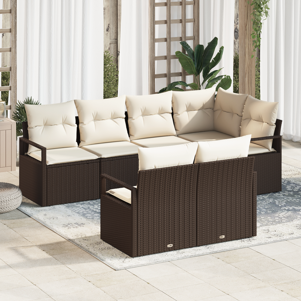 7-Piece Garden Sofa Set with Cushions Brown Polyrattan
