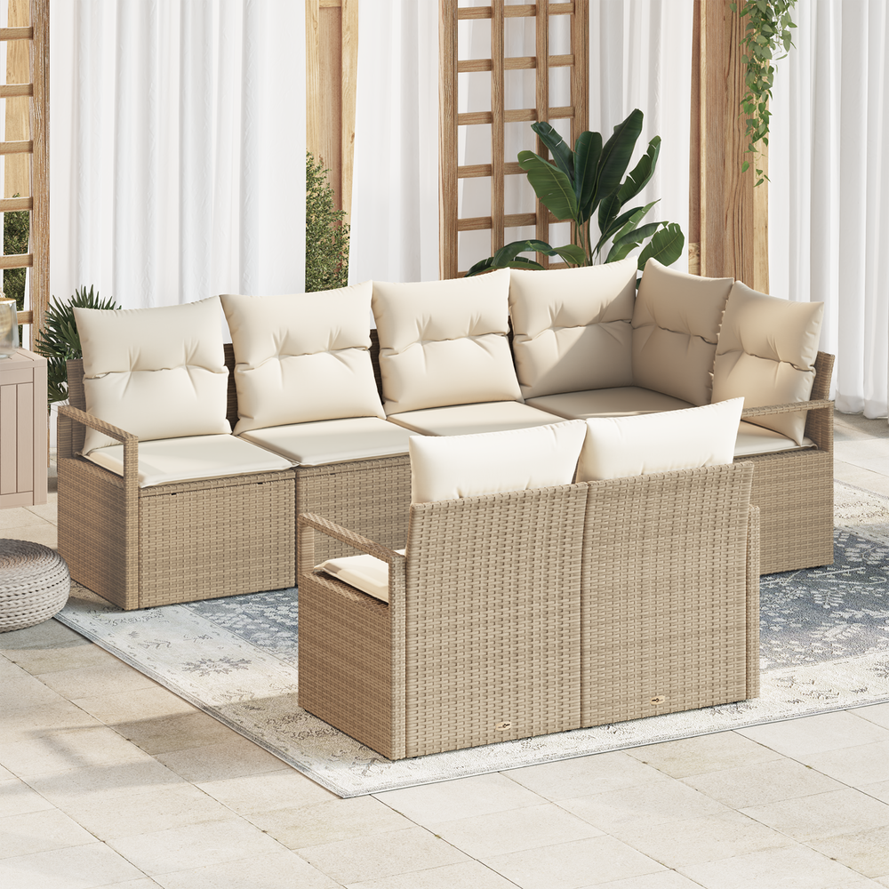 7 Piece Garden Sofa Set with Cushions Beige Poly Rattan