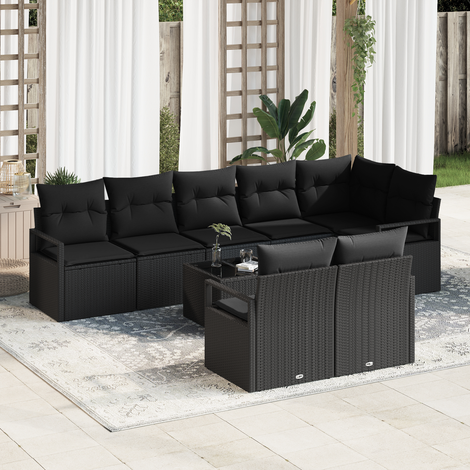 Sodo Sofų Rinkinys su pagalve 9 pcs Juoda poliratanas