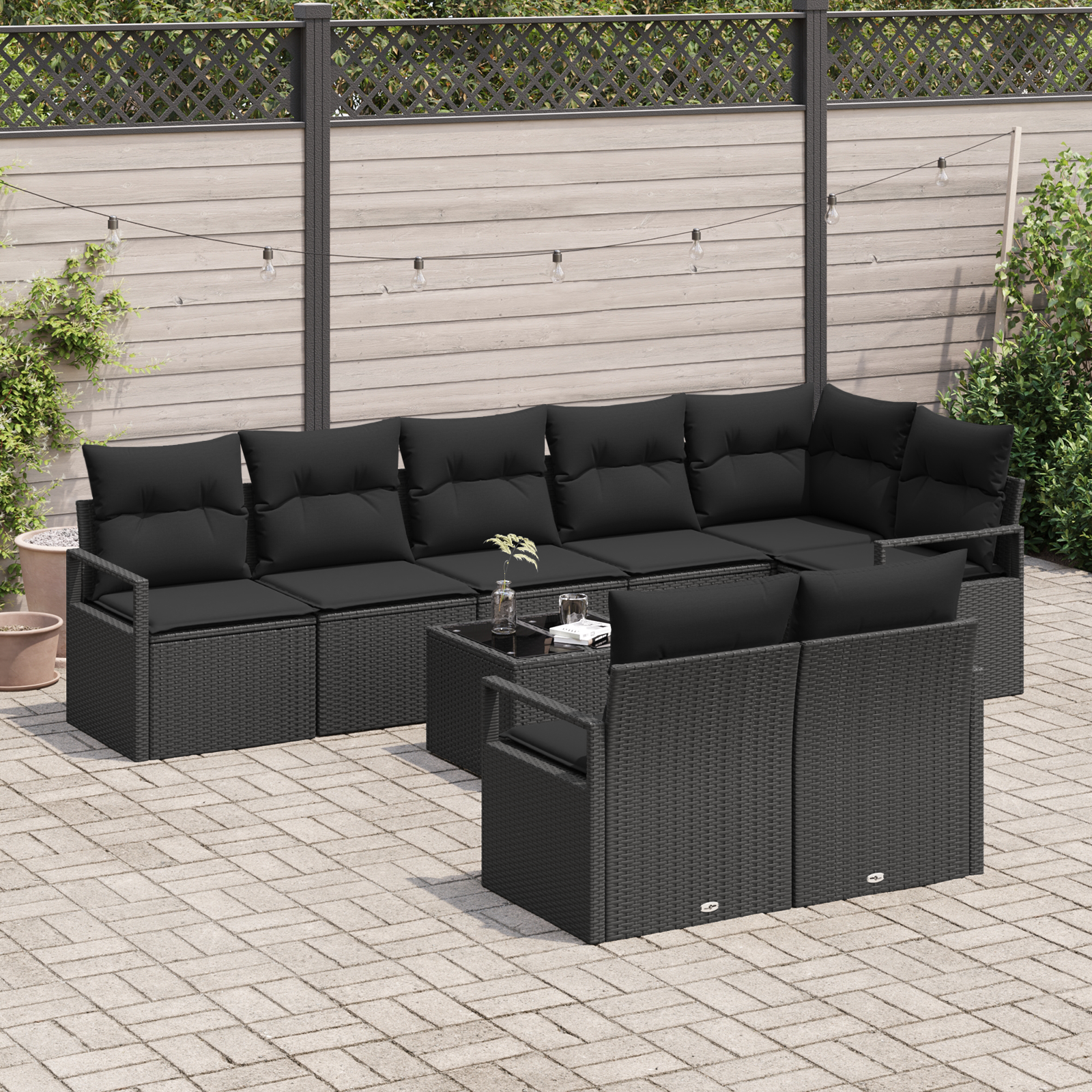 Sodo Sofų Rinkinys su pagalve 9 pcs Juoda poliratanas