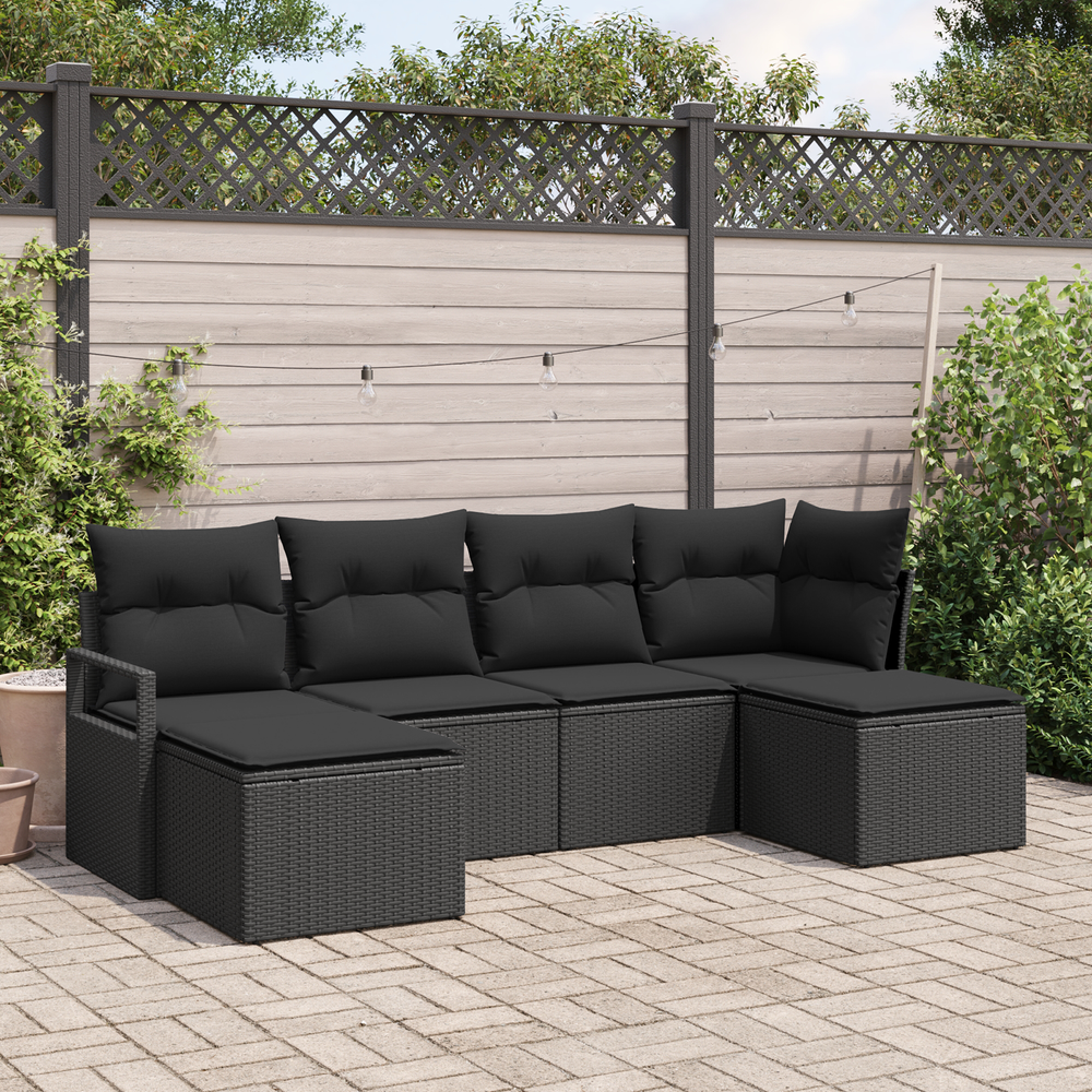 6-piece garden sofa set with cushions, black poly rattan.