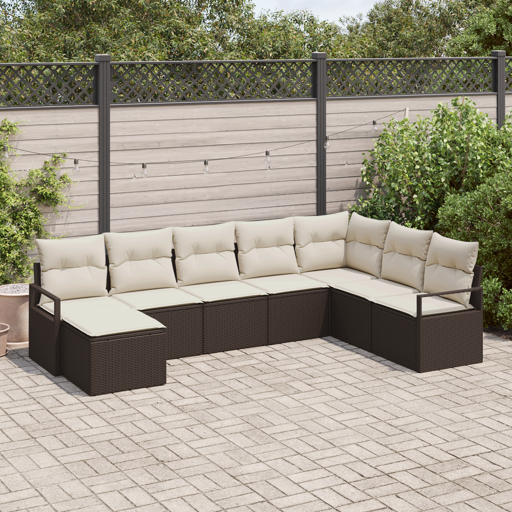 8-piece garden sofa set with cushions, brown poly rattan