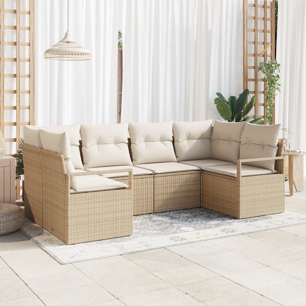 6-piece garden sofa set with cushions, beige poly rattan
