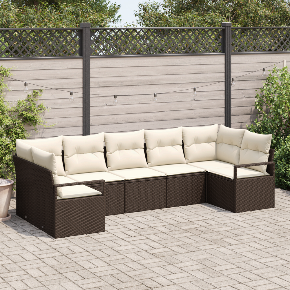 7-piece garden sofa set with cushions, brown poly rattan
