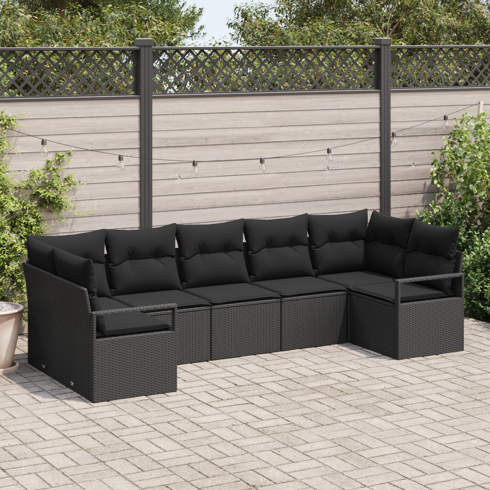 7-piece garden sofa set with cushions, black poly rattan
