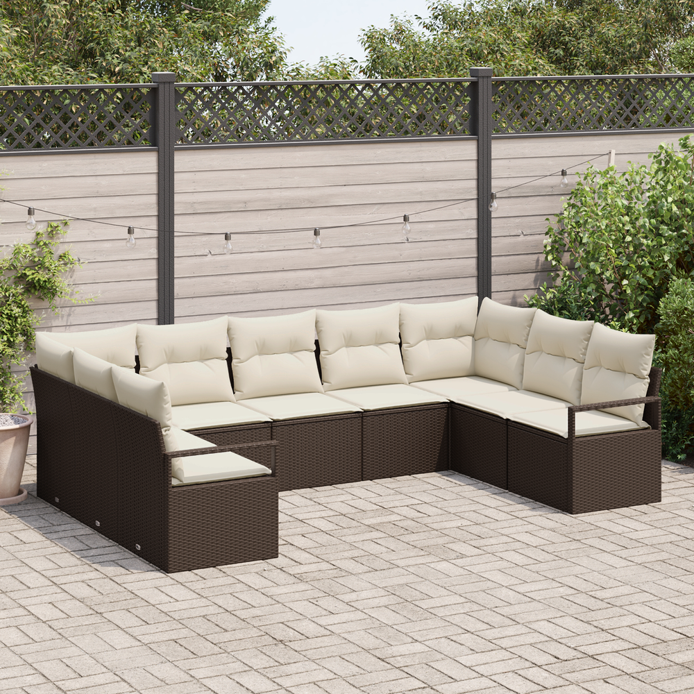9-piece garden sofa set with cushions, brown poly rattan