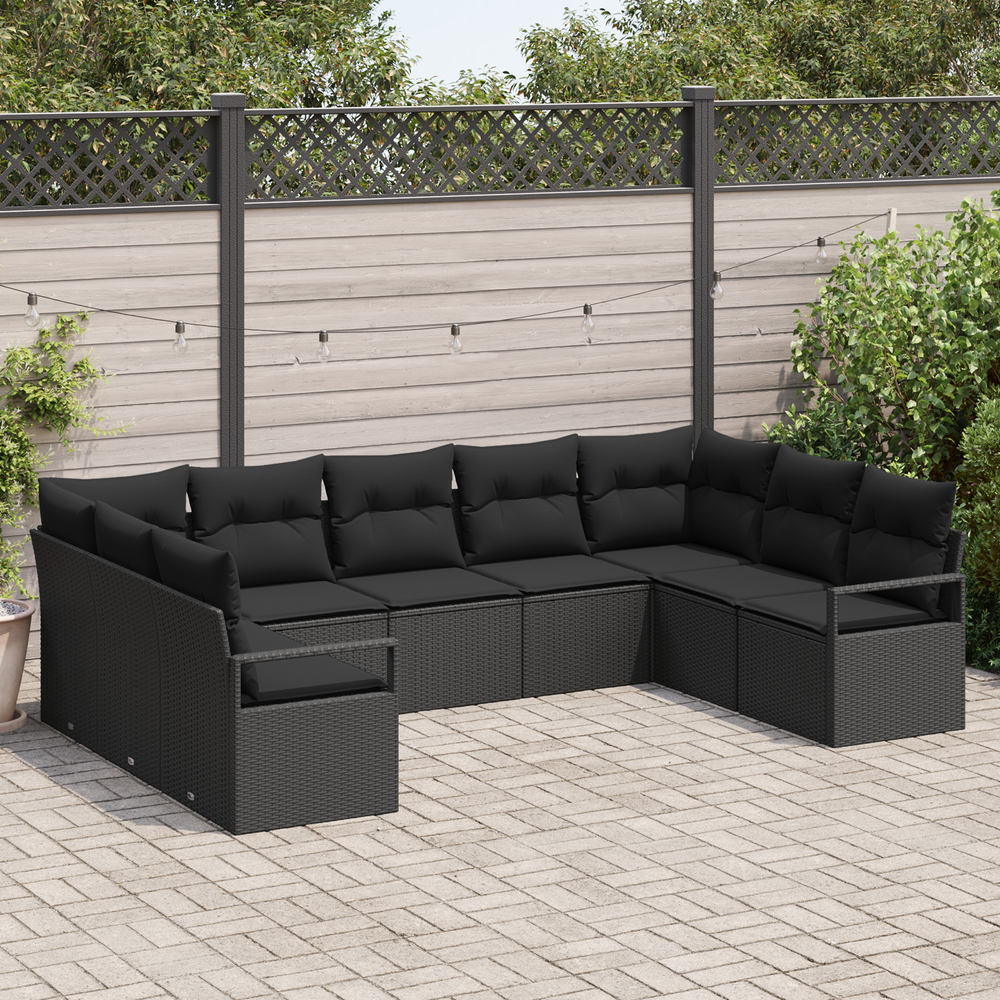 9-piece outdoor sofa set with cushions, black poly rattan