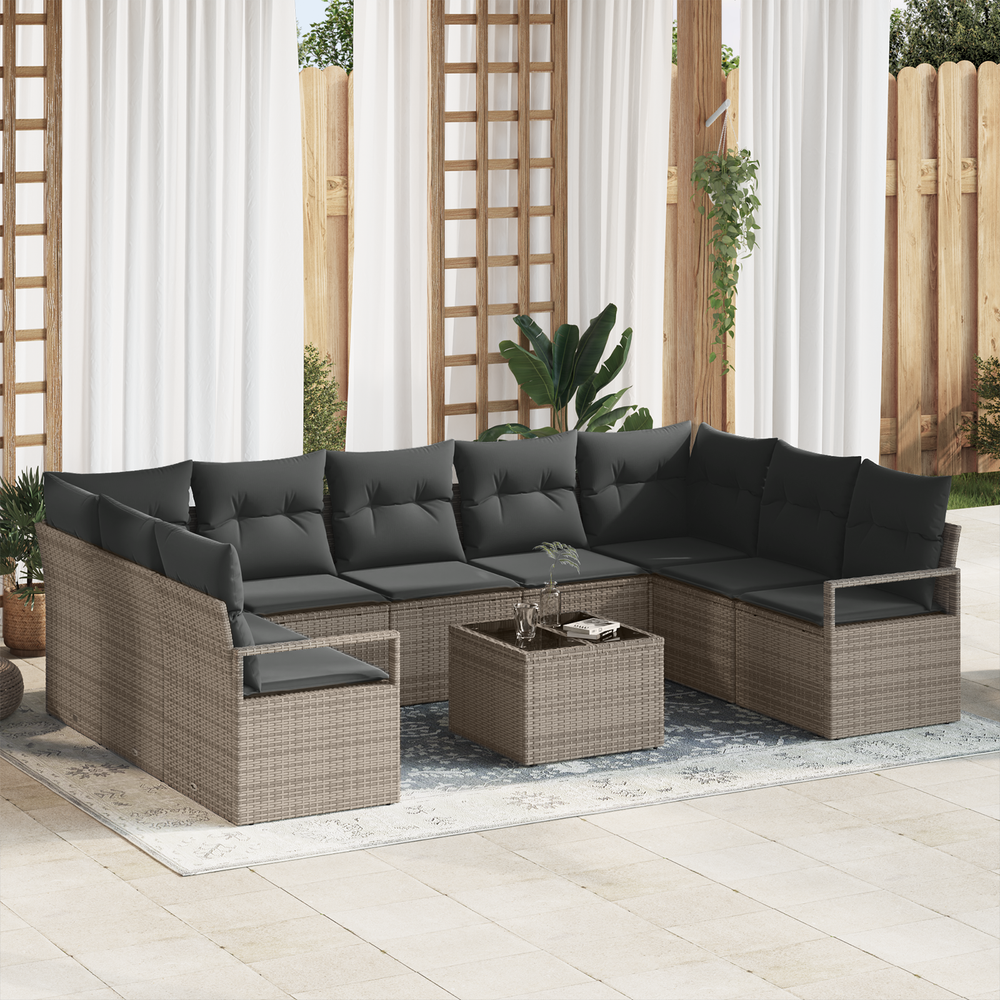 9-piece garden sofa set with cushions, black poly rattan