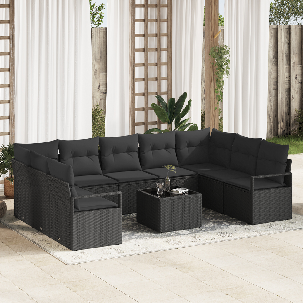 10-Piece Garden Sofa Set with Cushions, Sand, Poly Rattan.