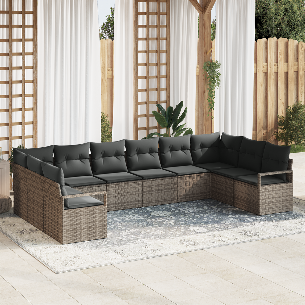 10-piece garden sofa set with grey cushions made of poly rattan