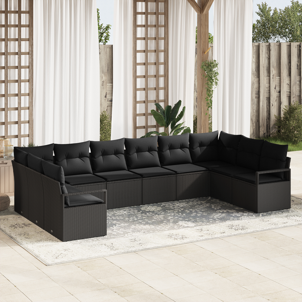 <strong></strong> 10-piece garden sofa set with cushions black poly rattan