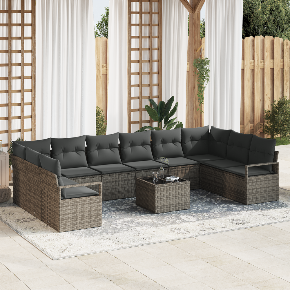 10-piece garden sofa set with cushions, black poly rattan