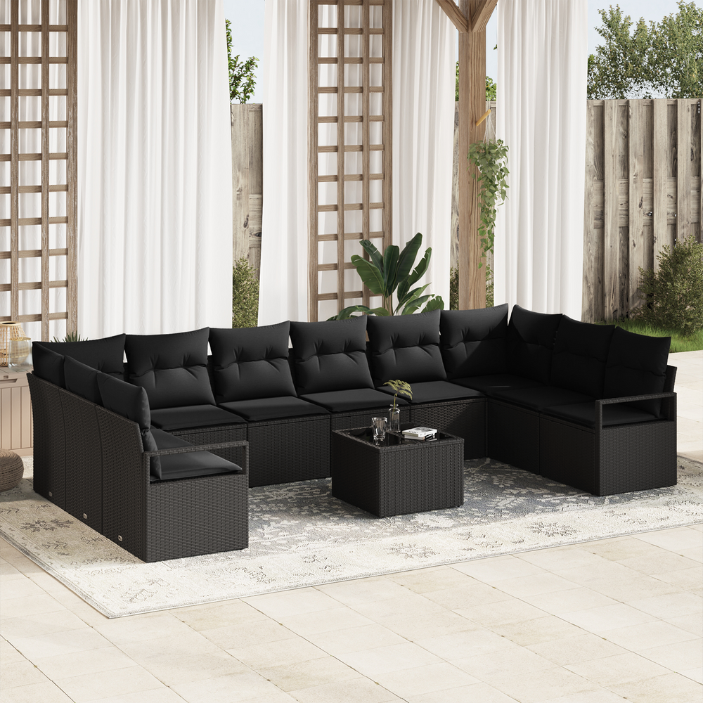 <strong></strong> 11-piece garden sofa set with cushions in light black poly rattan.
