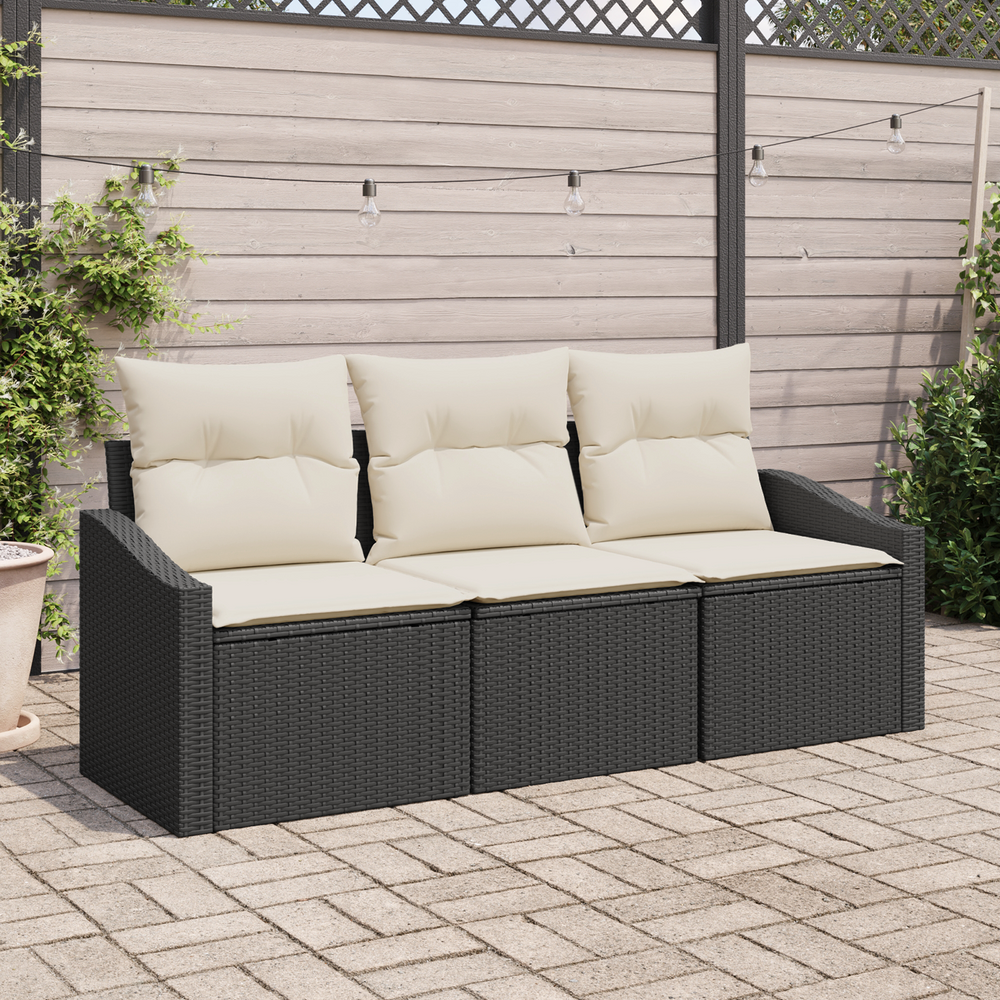 3-piece garden dining set with cushions, black poly rattan