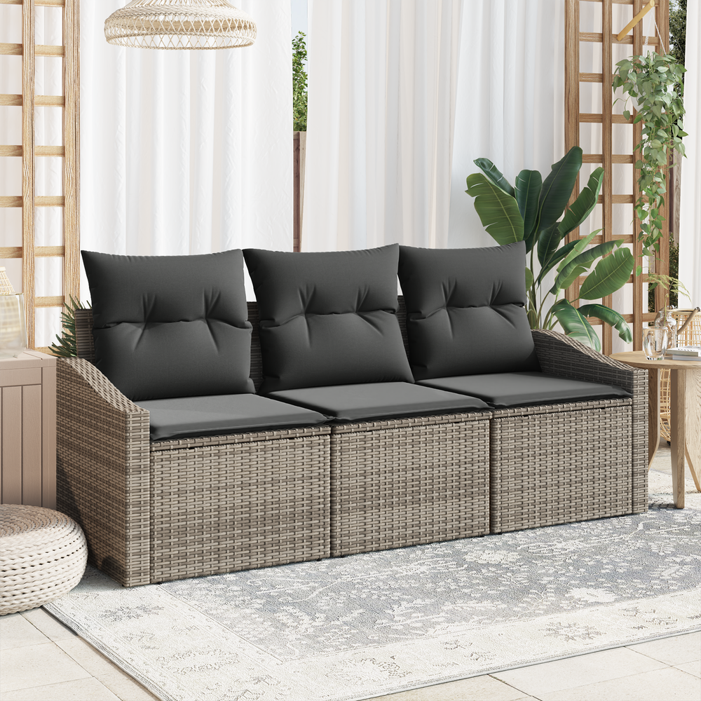 3-piece garden dining set with cushions, grey poly rattan