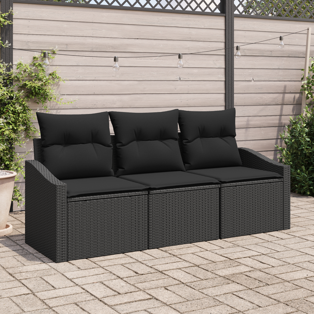 3-piece garden dining set with cushions, black poly rattan.