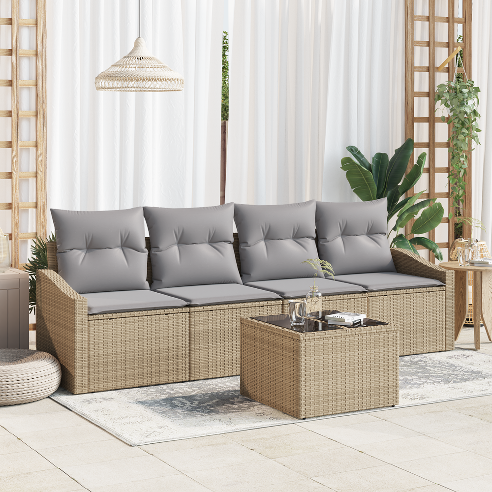5-piece garden dining set with cushions sand-colored poly rattan