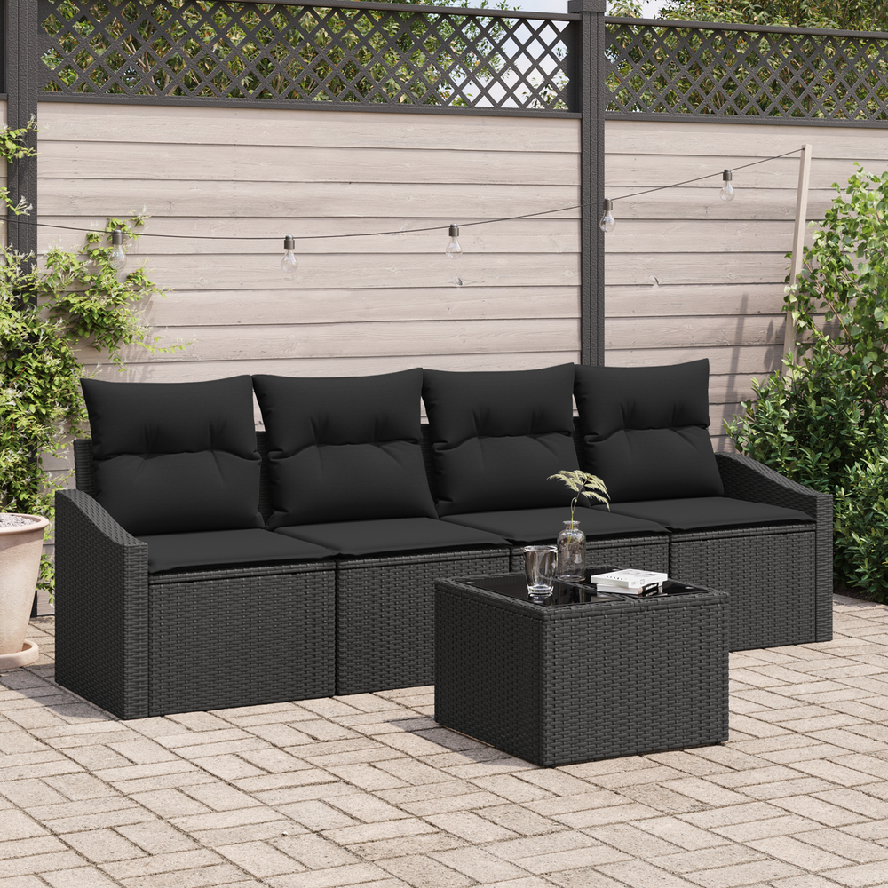 5-piece garden dining set black poly rattan with cushions