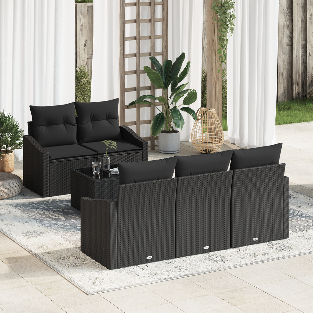 6-piece garden sofa set with cushions, black poly rattan
