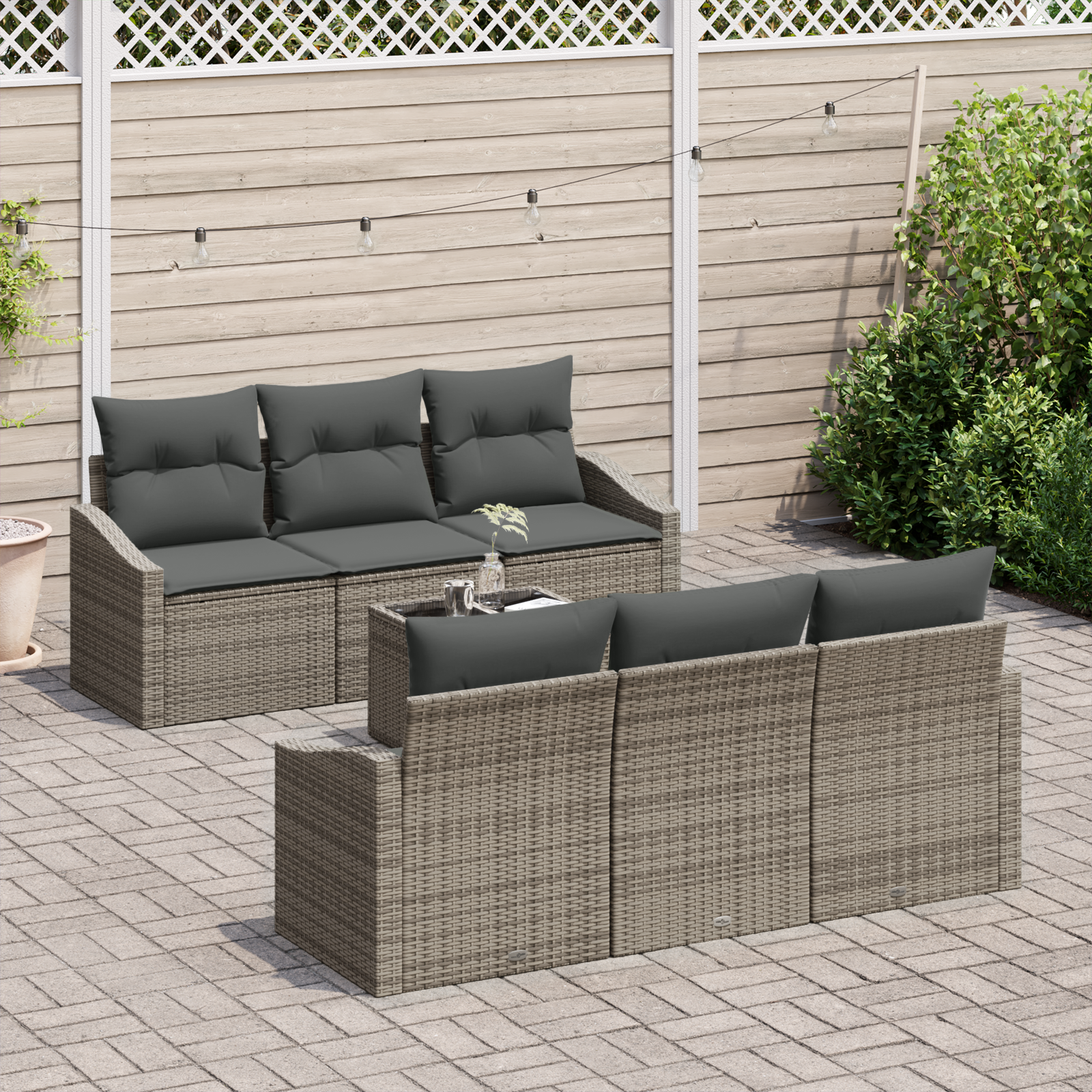 7 gabalu dārza dīvānu komplekts ar spilveniem, pelēks polirotangs